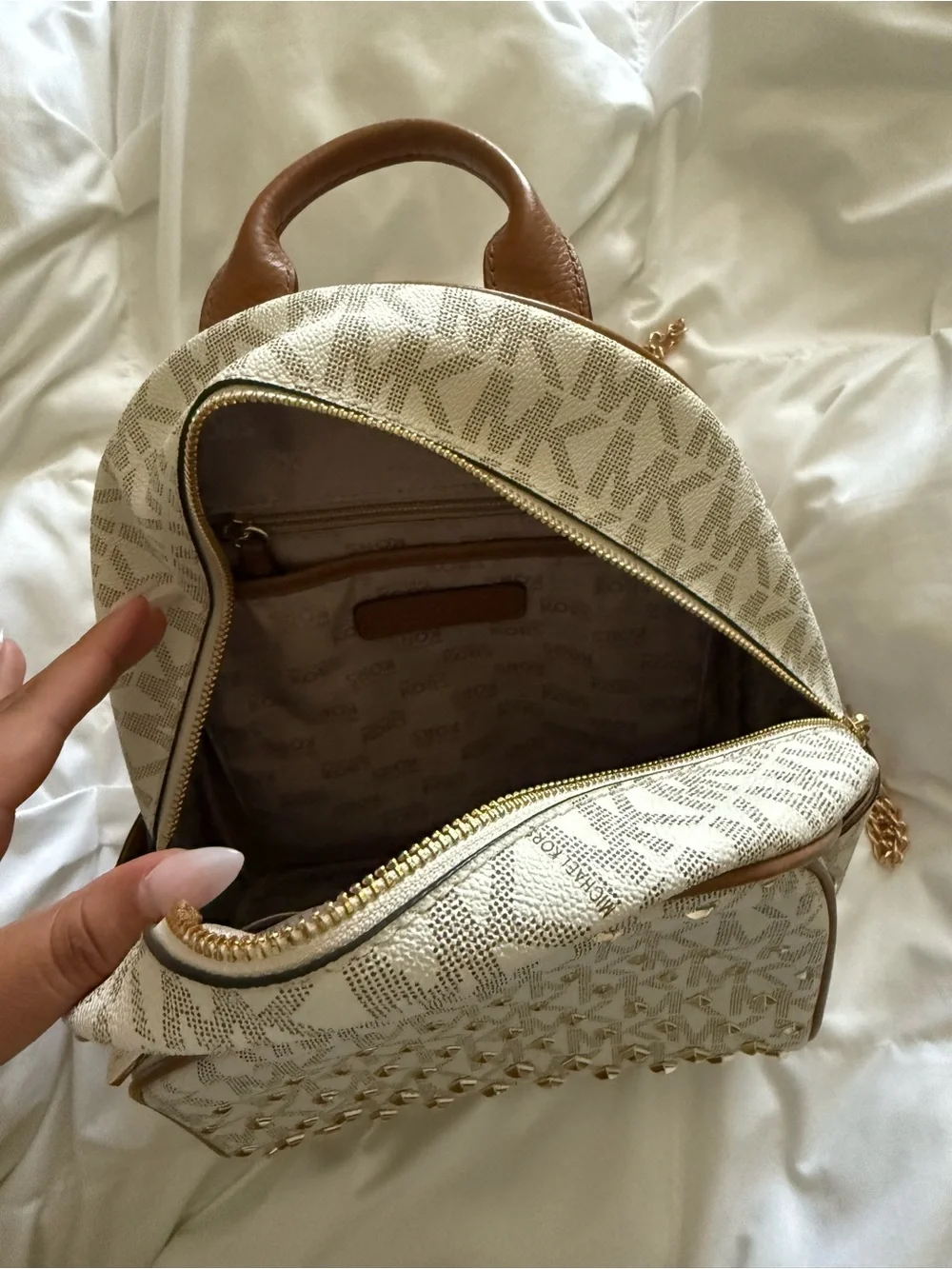 Michael Kors Cream Logo Mini Backpack with Gold Studs